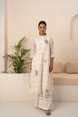 IVORY EMBROIDERED LINEN CHECKS TUNIC + CHECKS PANT - Two-Piece Set - Mizyana