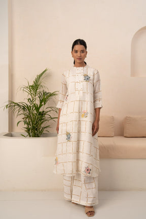 IVORY EMBROIDERED LINEN CHECKS TUNIC + CHECKS PANT - Two-Piece Set - Mizyana