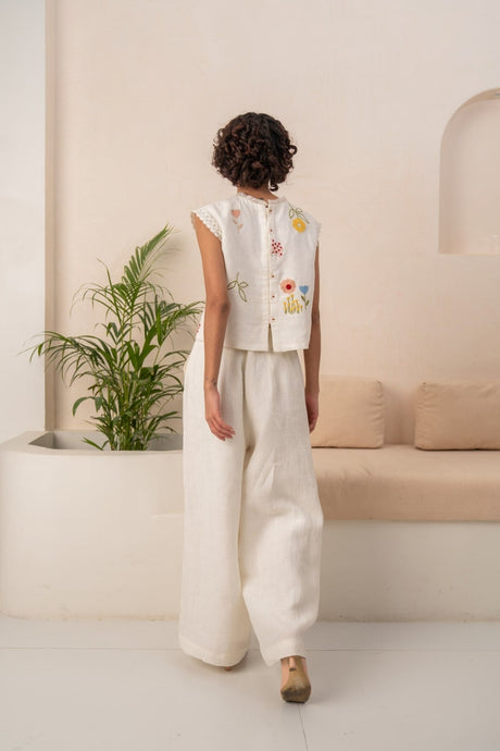 Ivory Embroidered Shirt back view with embroidered flowers and button closure