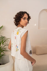 IVORY EMBROIDERED SHIRT + SOLID LINEN PANTS - Two-Piece Set - Mizyana