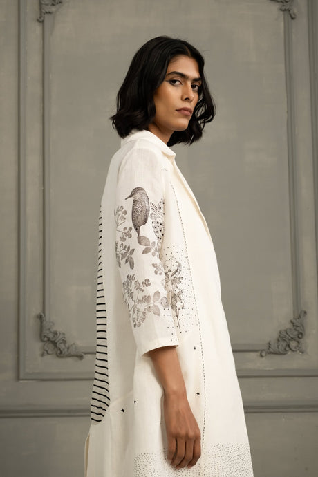 Ivory Embroidery And Block Print Jacket - Jacket - Mizyana