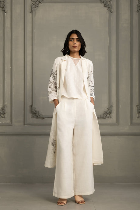 Ivory Embroidery And Block Print Jacket - Jacket - Mizyana