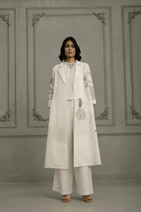 Ivory Embroidery And Block Print Jacket - Jacket - Mizyana