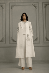 Ivory Embroidery And Block Print Top And Flared Pant In Linen - Two-Piece Set - Mizyana
