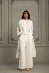 Ivory Embroidery And Block Print Top And Flared Pant In Linen - Two-Piece Set - Mizyana
