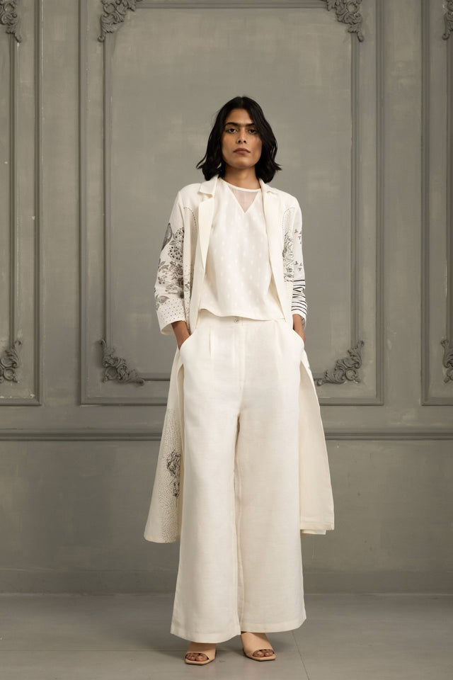 Ivory Embroidery And Block Print Top And Flared Pant In Linen - Two-Piece Set - Mizyana
