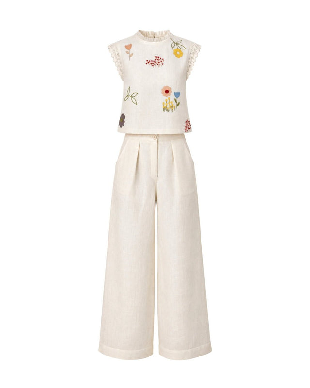 Ivory Floral Embroidered Linen Top and Pants Two-Piece Set - Two-Piece Set - Mizyana