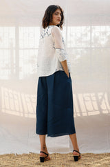 Ivory Front Pleated Printed Cotton Top with Indigo print - Shirt - Mizyana