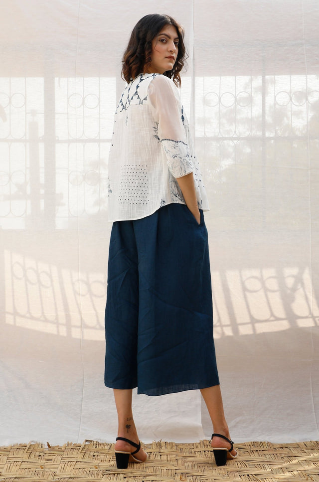 Ivory Front Pleated Printed Cotton Top with Indigo print - Shirt - Mizyana