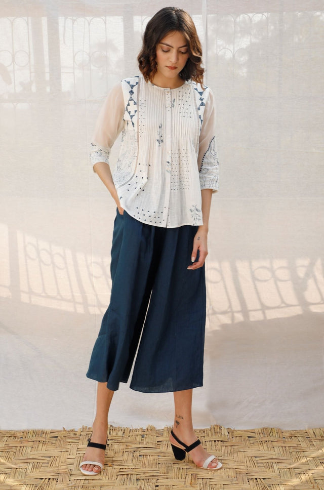 Ivory Front Pleated Printed Cotton Top with Indigo print - Shirt - Mizyana