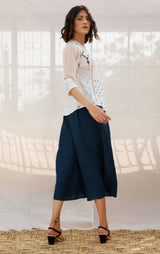 Ivory Front Pleated Printed Cotton Top with Indigo print - Shirt - Mizyana