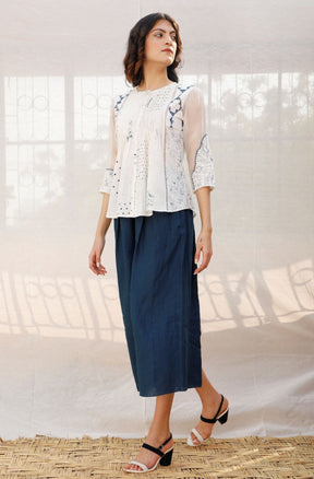 Ivory Front Pleated Printed Cotton Top with Indigo print - Shirt - Mizyana