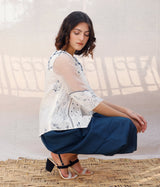 Ivory Front Pleated Printed Cotton Top with Indigo print - Shirt - Mizyana