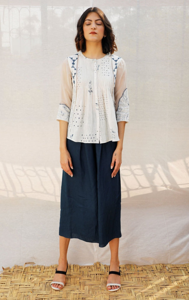 Ivory Front Pleated Printed Cotton Top with Indigo print - Shirt - Mizyana