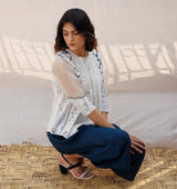 Ivory Front Pleated Printed Cotton Top with Indigo print - Shirt - Mizyana