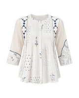Ivory Indigo Print Organic Cotton Blouse with Front Pleats - Blouse - Mizyana