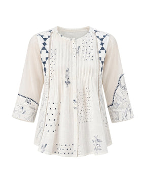 Ivory Indigo Print Organic Cotton Blouse with Front Pleats - Blouse - Mizyana