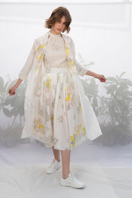 Ivory Jacket With Top And Roses Printed Skirt - Two-Piece Set - Mizyana