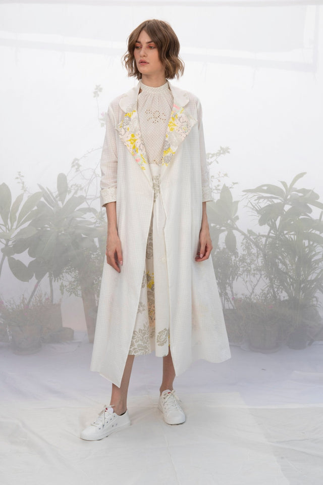 Ivory Jacket With Top And Roses Printed Skirt - Two-Piece Set - Mizyana