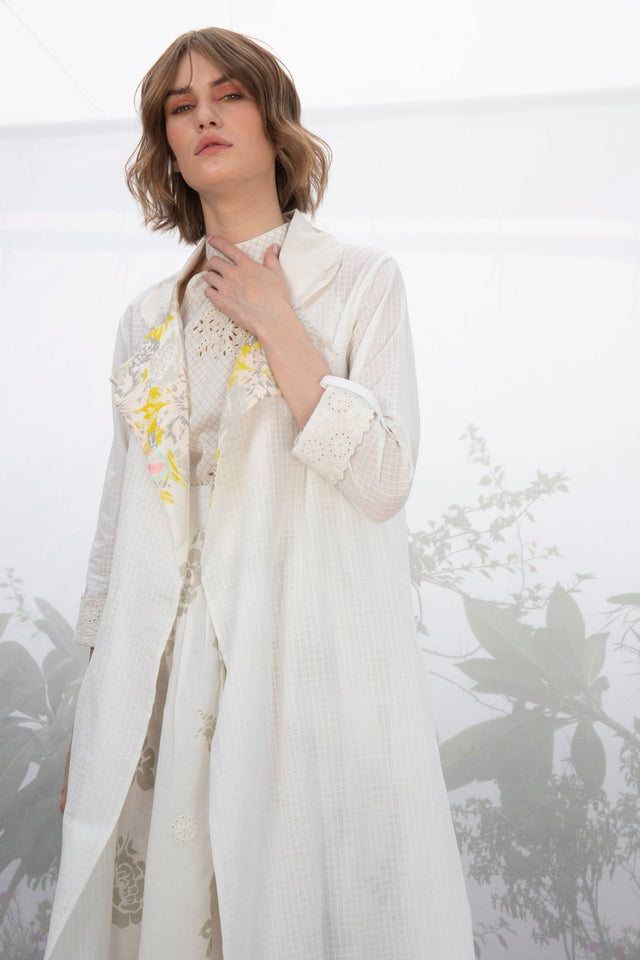 Ivory Jacket With Top And Roses Printed Skirt - Two-Piece Set - Mizyana