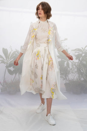 Ivory Jacket With Top And Roses Printed Skirt - Two-Piece Set - Mizyana
