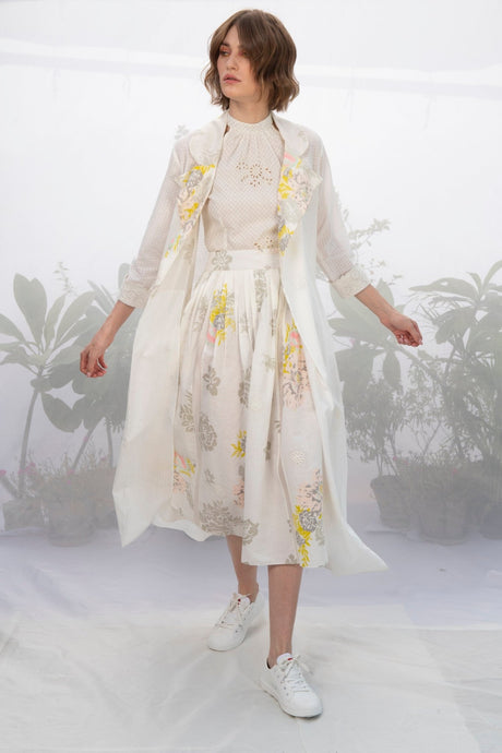 Ivory Jacket With Top And Roses Printed Skirt - Two-Piece Set - Mizyana