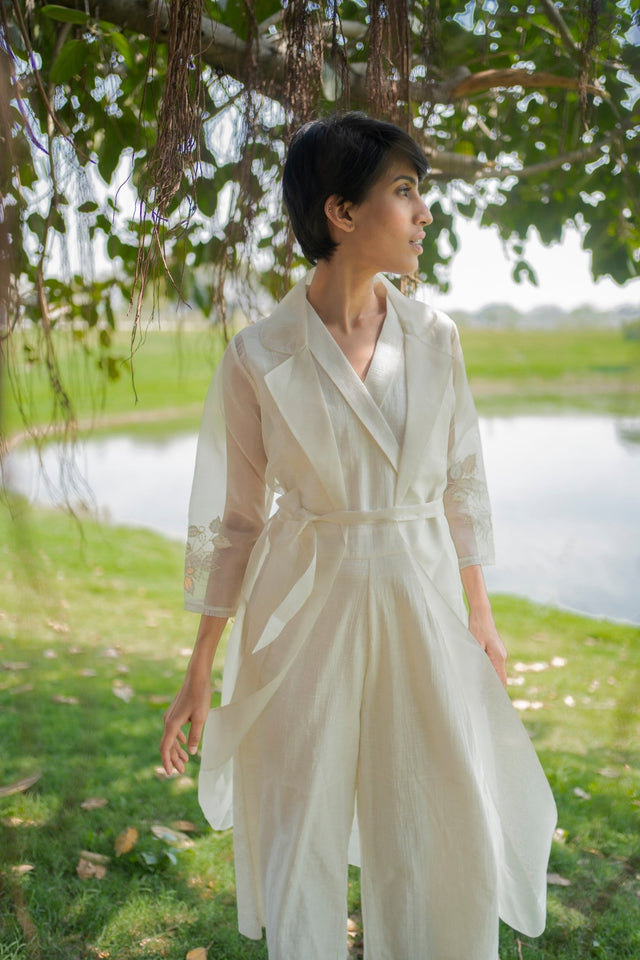 Ivory Jumpsuit and Applique Sleeve Jacket - Two-Piece Set - Mizyana