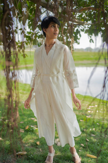 Ivory Jumpsuit and Applique Sleeve Jacket - Two-Piece Set - Mizyana