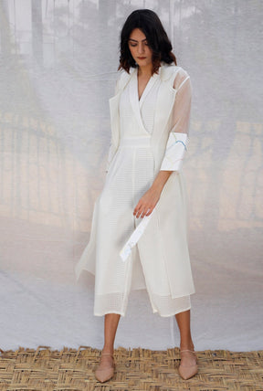 Ivory Jumpsuit With Organza Long Jacket - Two-Piece Set - Mizyana
