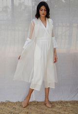 Ivory Jumpsuit With Organza Long Jacket - Two-Piece Set - Mizyana