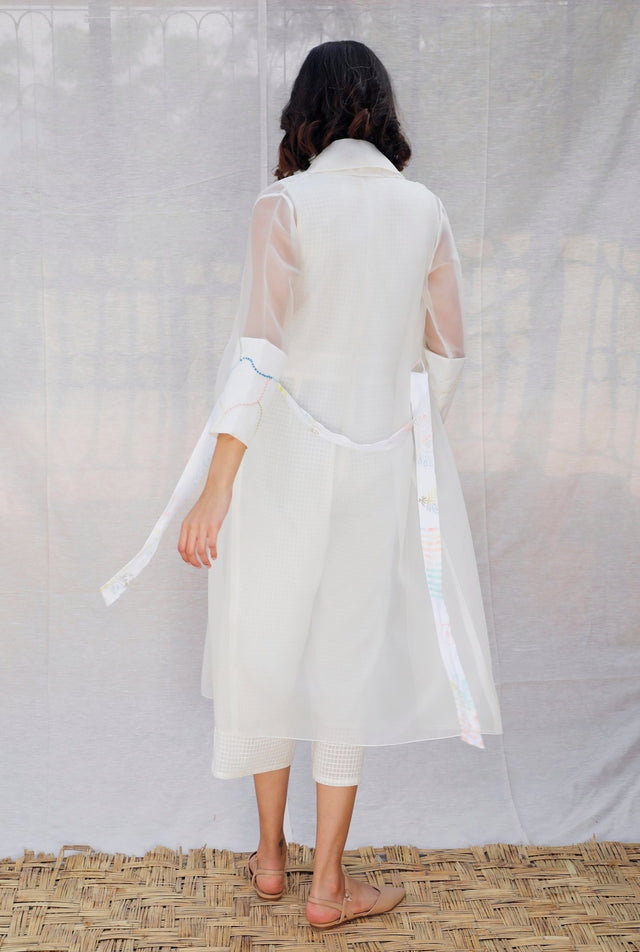 Ivory Jumpsuit With Organza Long Jacket - Two-Piece Set - Mizyana