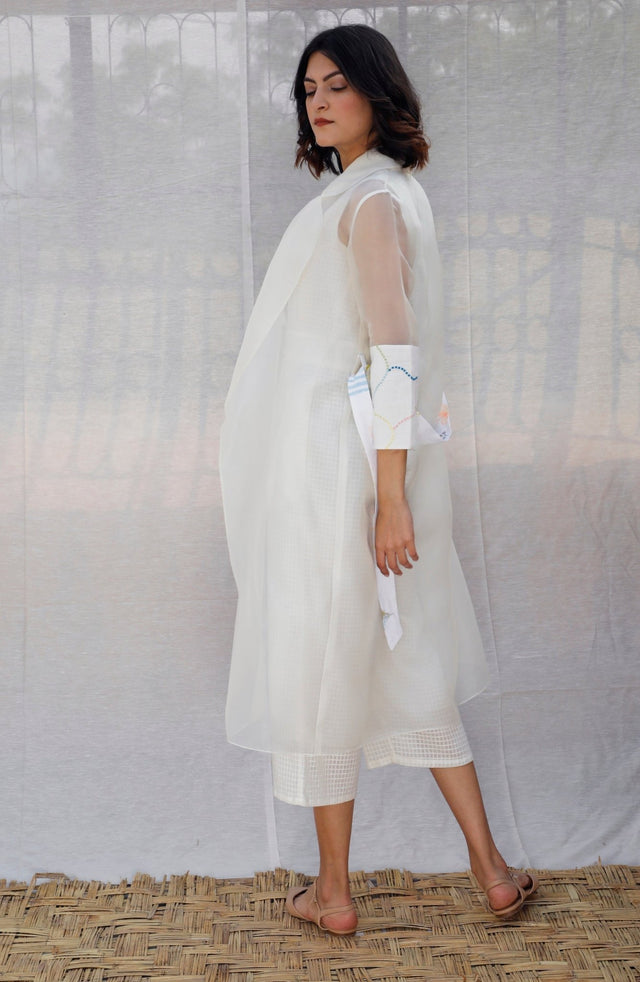 Ivory Jumpsuit With Organza Long Jacket - Two-Piece Set - Mizyana