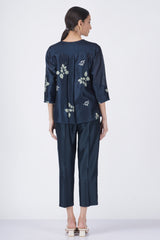 Ivory leaf printed front pleated shirt with solid pant eated - Two-Piece Set - Mizyana