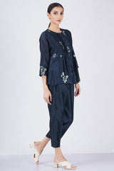 Ivory leaf printed front pleated shirt with solid pant eated - Two-Piece Set - Mizyana