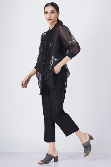Ivory leaf printed organza shirt with solid pant - Two-Piece Set - Mizyana