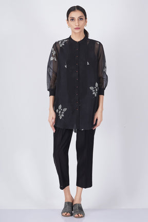 Ivory leaf printed organza shirt with solid pant - Two-Piece Set - Mizyana