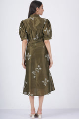 Ivory leaf printed puff sleeve dress - Dress - Mizyana