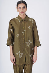 Ivory leaf printed shirt with fish embroidery with straight pant - Two-Piece Set - Mizyana
