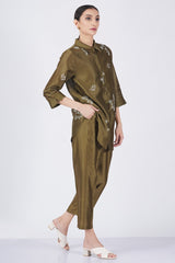 Ivory leaf printed shirt with fish embroidery with straight pant - Two-Piece Set - Mizyana