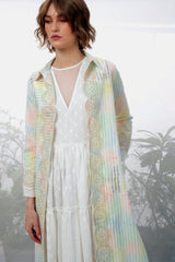 Ivory Stripes Hand Block Printed And Embroidered Jacket - Jacket - Mizyana