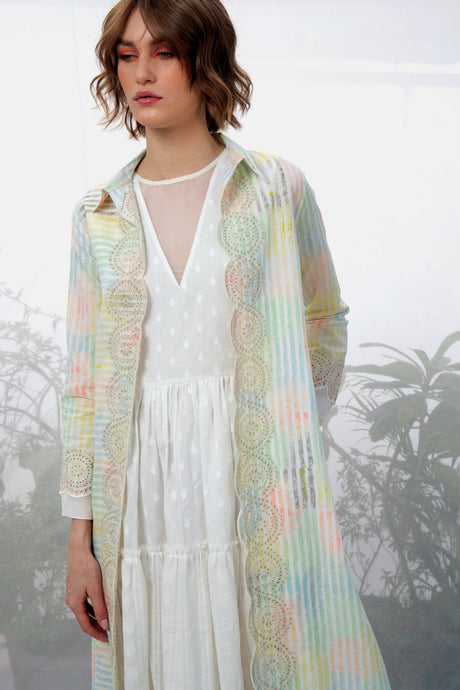Ivory Stripes Hand Block Printed And Embroidered Jacket - Jacket - Mizyana