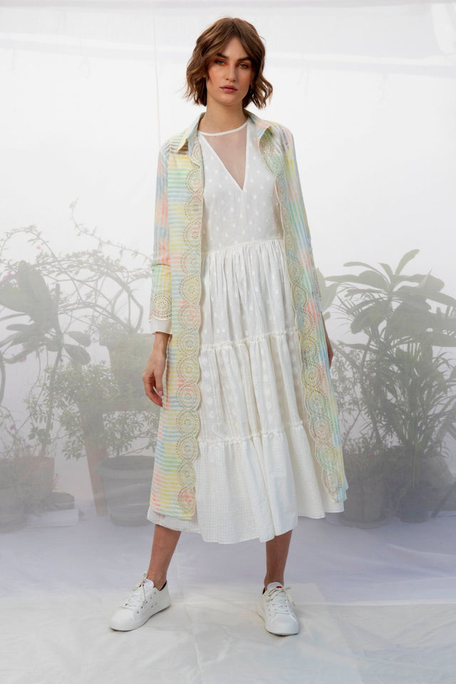 Ivory Stripes Hand Block Printed And Embroidered Jacket - Jacket - Mizyana