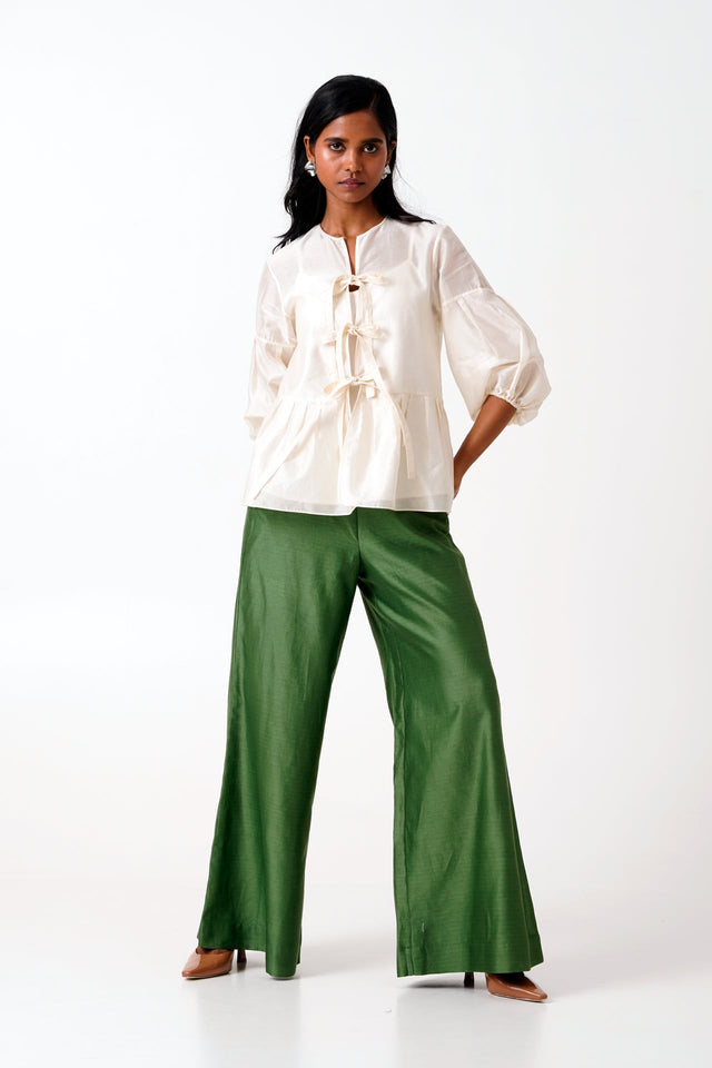 Ivory Toni Set - Multi Knot Peplum Top with Slip + Pine Green Pants - Three-Piece Set - Mizyana