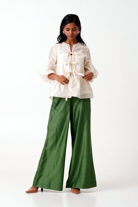Ivory Toni Set - Multi Knot Peplum Top with Slip + Pine Green Pants - Three-Piece Set - Mizyana