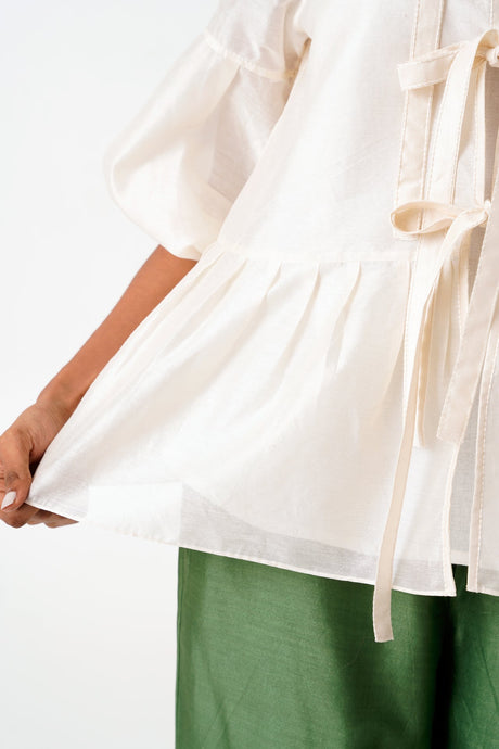 Ivory Toni Set - Multi Knot Peplum Top with Slip + Pine Green Pants - Three-Piece Set - Mizyana