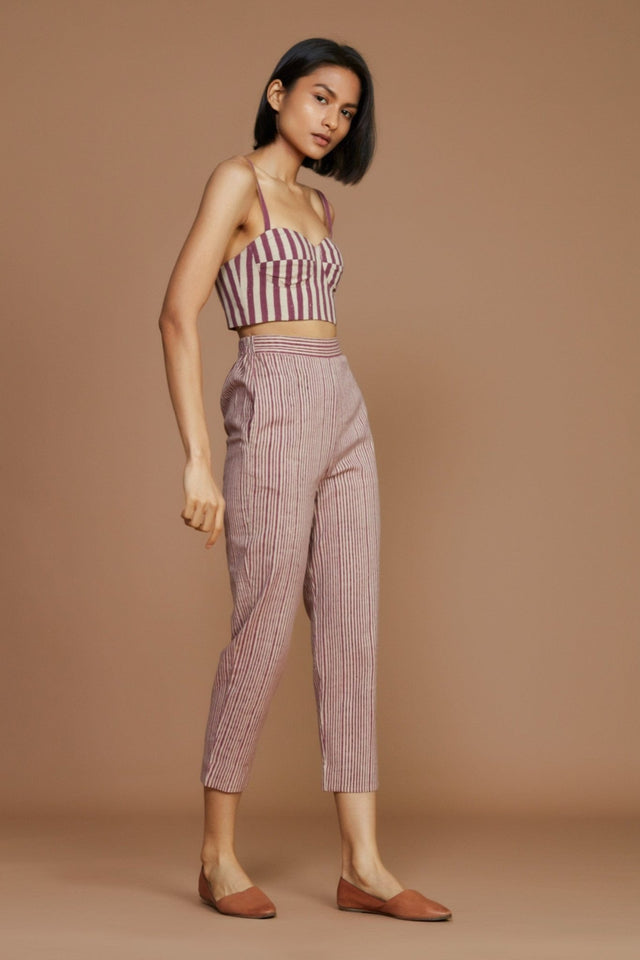 Ivory with Mauve Striped Corset & Pant Co-Ord Set (2 PCS) - Co-ord Set - Mizyana