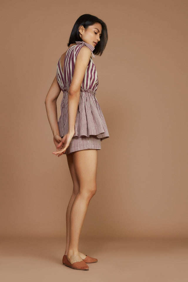 Ivory With Mauve Striped Frill Top and Shorts Co-Ord Set - Co-ord Set - Mizyana