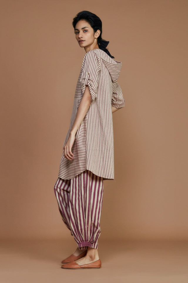 Ivory With Mauve Striped Hooded Co-Ord Set - Co-ord Set - Mizyana