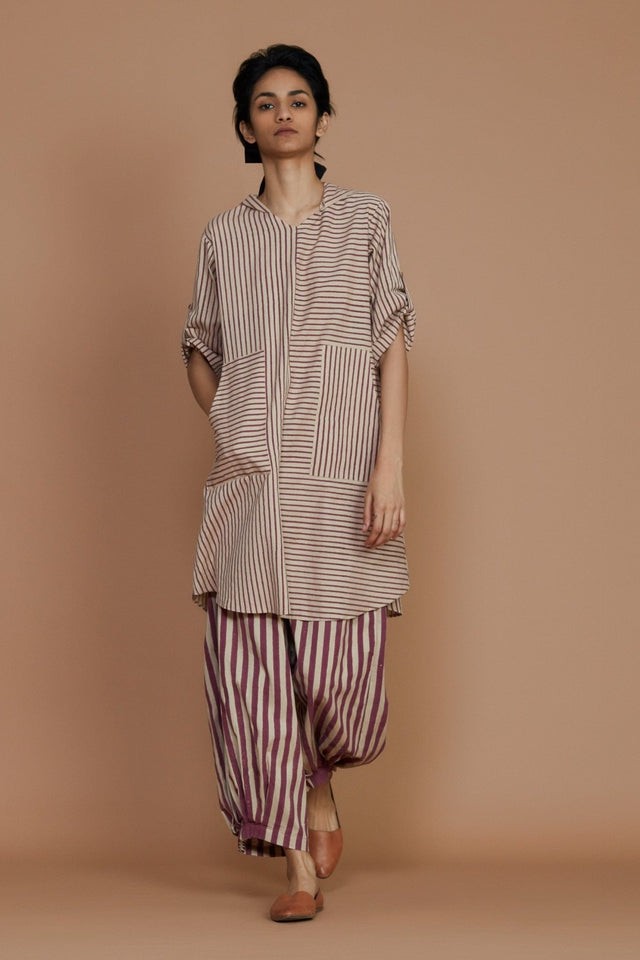 Ivory With Mauve Striped Hooded Co-Ord Set - Co-ord Set - Mizyana