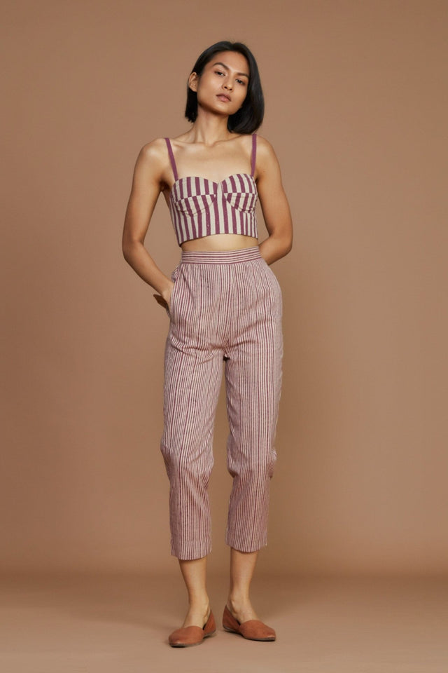 Ivory with Mauve Striped SE Pants - Trousers - Mizyana